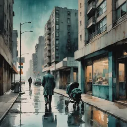 Somber brutalist watercolor of a father walking away at dusk