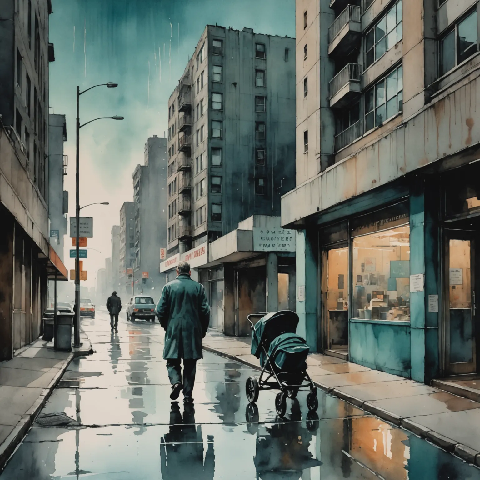 Somber brutalist watercolor of a father walking away at dusk